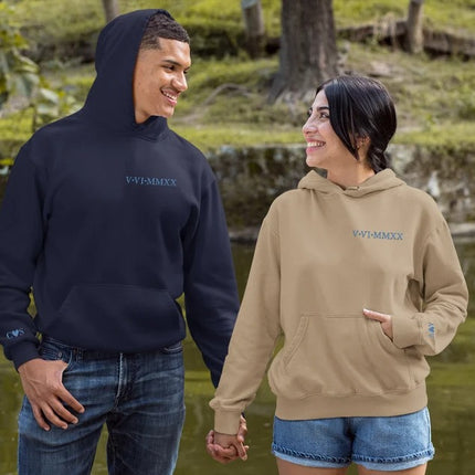 Matching Couple Valentine Hoodie, Custom Embroidered Roman Numeral Hoody