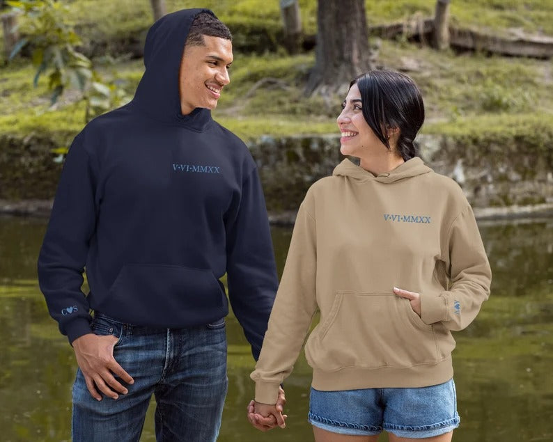 Matching Couple Valentine Hoodie, Embroidered Roman Numeral Hoody, Custom One Year Anniversary Hoodie, GF BF Couple Valentines Day Jumper