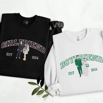 Embroidered Photo Portrait Sweatshirt, Custom Drawing from Photo Couple Sweatshirt, Girlfriend & Boyfriend Matching Jumper, Valentines Gift