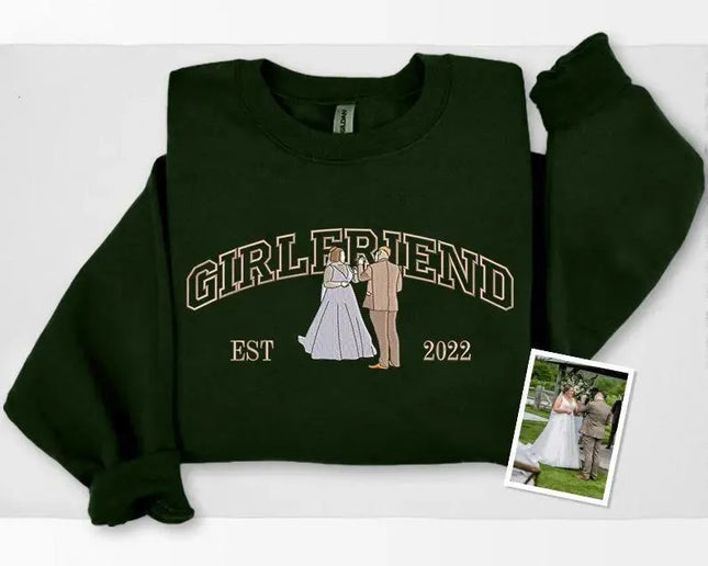 Embroidered Photo Portrait Sweatshirt, Custom Drawing from Photo Couple Sweatshirt, Girlfriend & Boyfriend Matching Jumper, Valentines Gift