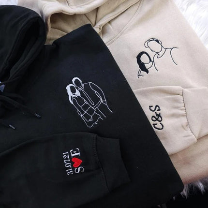 Embroidered Photo Portrait Hoodie, Personalised Outline Couple Matching Hoody
