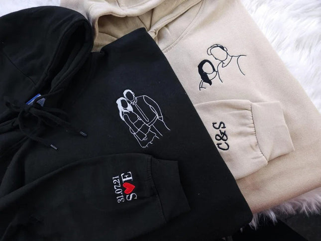 Embroidered Photo Portrait Hoodie, Personalised Outline Couple Matching Hoody