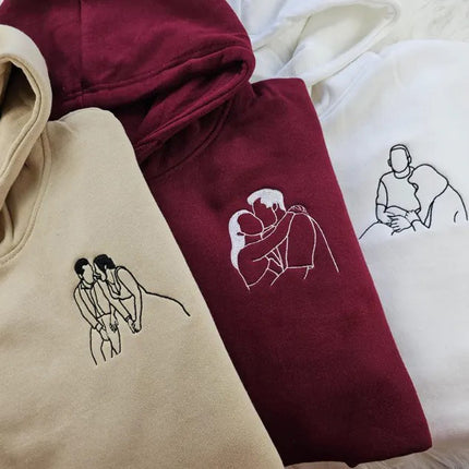 Embroidered Photo Portrait Hoodie, Personalised Outline Couple Matching Hoody