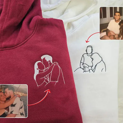 Embroidered Photo Portrait Hoodie, Personalised Outline Couple Matching Hoody