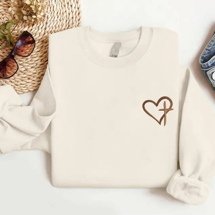 Embroidered Cross Heart Sweatshirt, Christian Religious Faith Crewneck Sweater, Love Heart Valentines Day Jumper, Valentines Gifts for Her