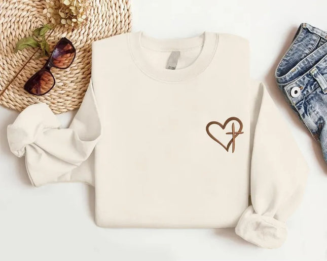 Embroidered Cross Heart Sweatshirt, Christian Religious Faith Crewneck Sweater, Love Heart Valentines Day Jumper, Valentines Gifts for Her