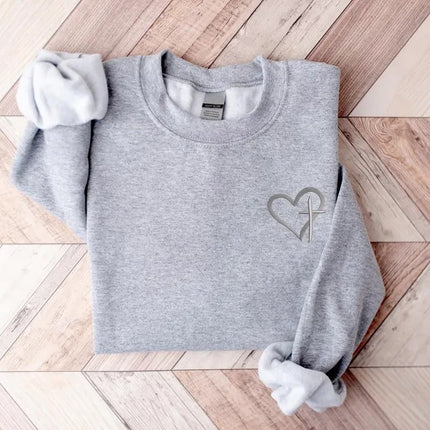 Embroidered Cross Heart Sweatshirt, Christian Religious Faith Crewneck Sweater, Love Heart Valentines Day Jumper, Valentines Gifts for Her