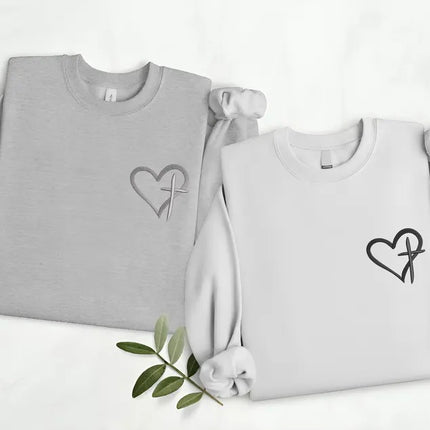 Embroidered Cross Heart Sweatshirt, Christian Religious Faith Crewneck Sweater, Love Heart Valentines Day Jumper, Valentines Gifts for Her