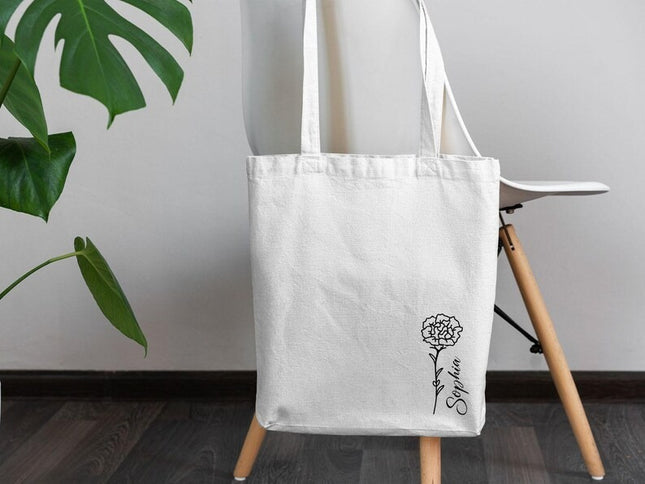 Personalised Birth Month Tote Bag, Custom Birth Flower Totes, Birthday Gift For Her