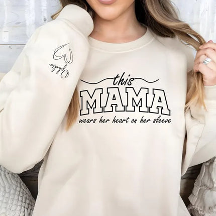 This Mama Wears Her Heart On Her Sleeve Sweater, Mom Sweatshirt Mother's Day Jumpers, Mom Crewneck Sweaters, Mothers Day Gifts