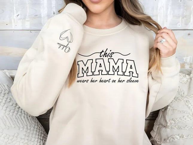 This Mama Wears Her Heart On Her Sleeve Sweater, Mom Crewneck Sweatshirt