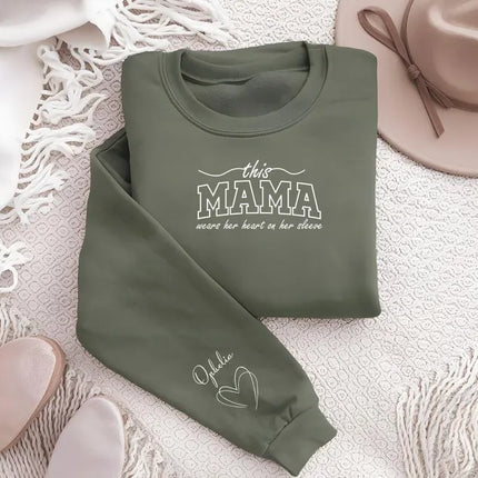 This Mama Wears Her Heart On Her Sleeve Sweater, Mom Sweatshirt Mother's Day Jumpers, Mom Crewneck Sweaters, Mothers Day Gifts