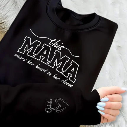 This Mama Wears Her Heart On Her Sleeve Sweater, Mom Sweatshirt Mother's Day Jumpers, Mom Crewneck Sweaters, Mothers Day Gifts