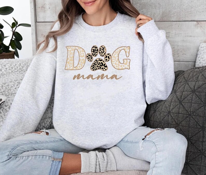 Dog Mama Sweatshirt, Dog Mom Crewneck for Her, Dog Paw Leopard Art Printed Sweater, Gift for Dog Lovers, Mama Sweatshirt, Mother's Day Gifts