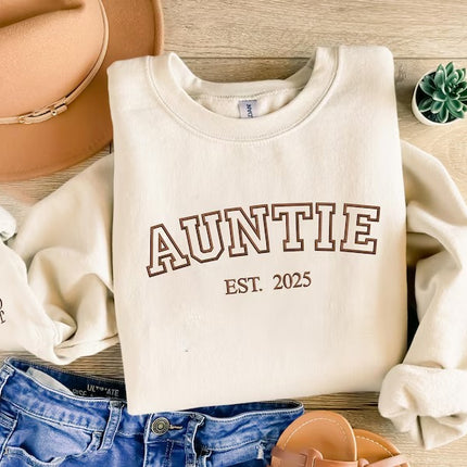 Custom Auntie Crewneck Sweatshirt, Embroidered Kids Name Sweater, Gift for New Aunt