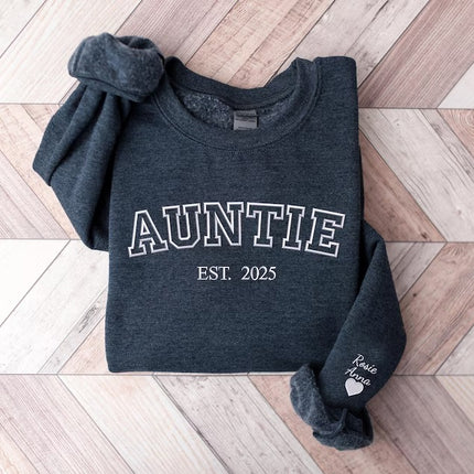 Custom Auntie Crewneck Sweatshirt, Embroidered Kids Name Sweater, Gift for New Aunt