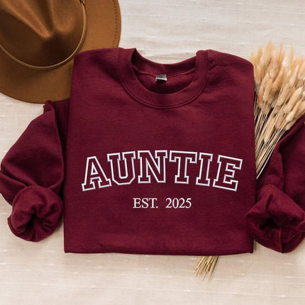 Custom Auntie Crewneck Sweatshirt, Embroidered Kids Name Sweater, Gift for New Aunt