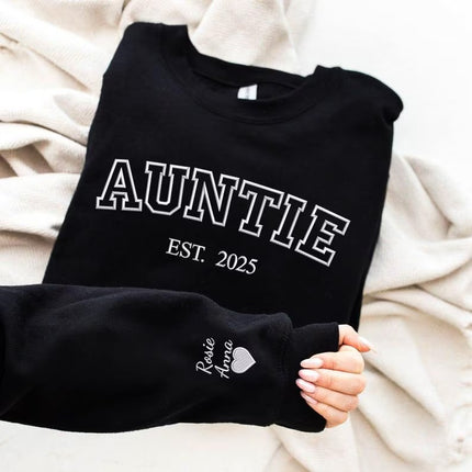Custom Auntie Crewneck Sweatshirt, Embroidered Kids Name Sweater, Gift for New Aunt