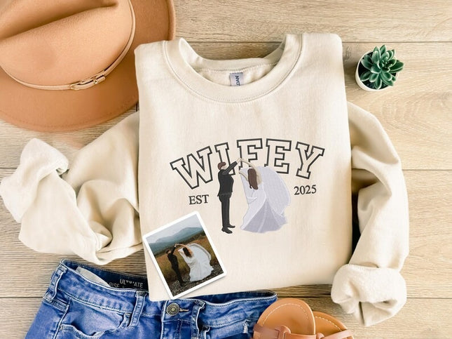 Embroidered Wifey Hubby Sweatshirt, Custom Portrait from Photo Sweater, Personalised Est Date Couple Matching Jumper, Newlywed Couple Gifts