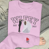 Embroidered Wifey Hubby Sweatshirt, Custom Portrait from Photo Sweater, Personalised Est Date Couple Matching Jumper, Newlywed Couple Gifts