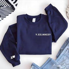 Personalised Roman Numeral Puff Printed Sweater, Custom Sleeve Initials Embossed Sweater, Couple Matching Crewneck Jumper, Anniversary Gifts