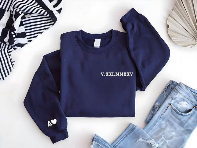 Personalised Roman Numeral Puff Printed Sweater, Couple Matching Crewneck Jumper