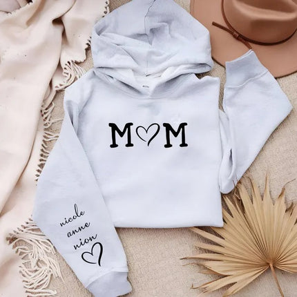 Personalised Mom Hoodie with Kids Names on Sleeve, Custom Trendy Mom Jumpers