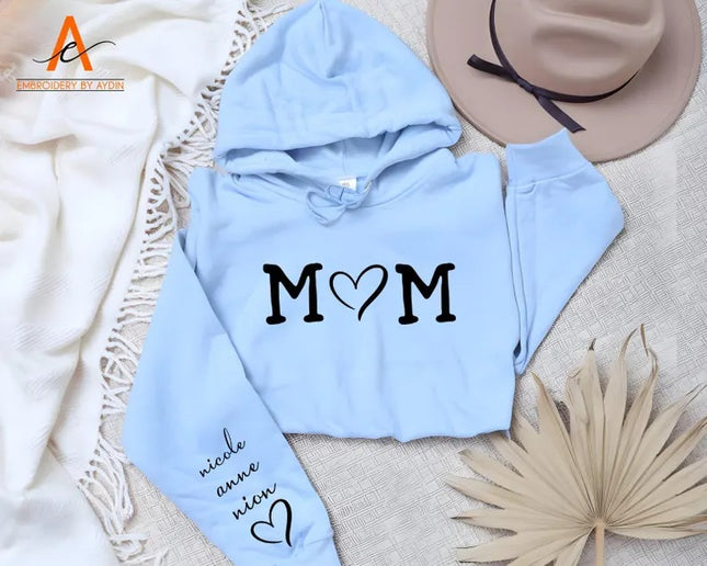 Personalised Mom Hoodie with Kids Names on Sleeve, Custom Trendy Mom Jumpers