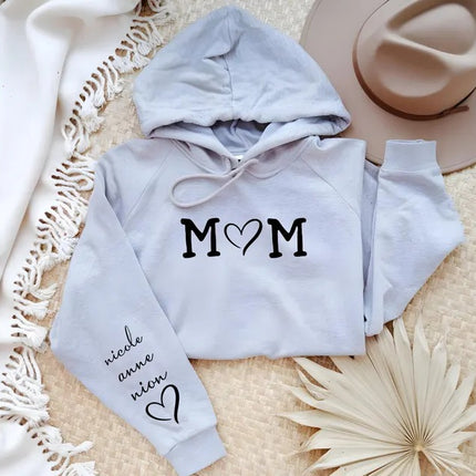 Personalised Mom Hoodie with Kids Names on Sleeve, Custom Trendy Mom Jumpers