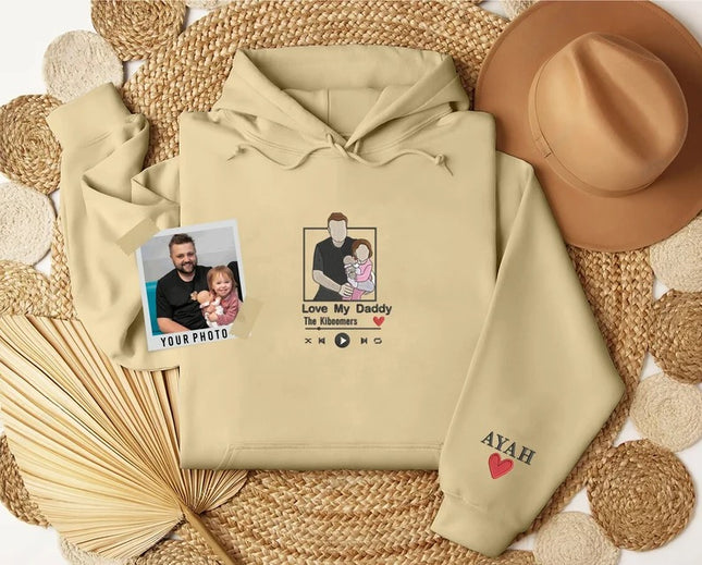 Personalised Portrait Photo Dad Hoodie, Embroidered Sketch from Picture Hooded Sweater, Album Cover Custom Sketch Jumper, Father's Day Gifts