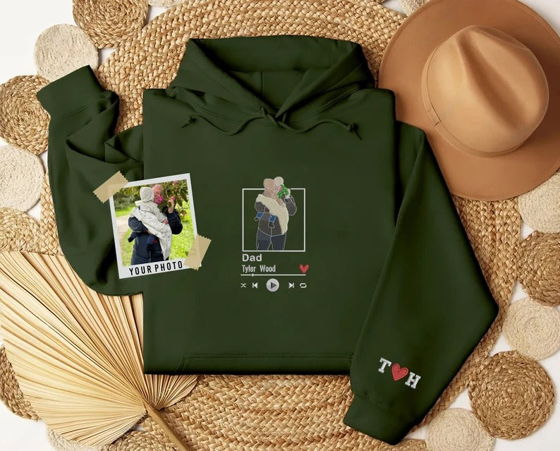 Personalised Portrait Photo Dad Hoodie, Embroidered Sketch from Picture Hooded Sweater, Album Cover Custom Sketch Jumper, Father's Day Gifts