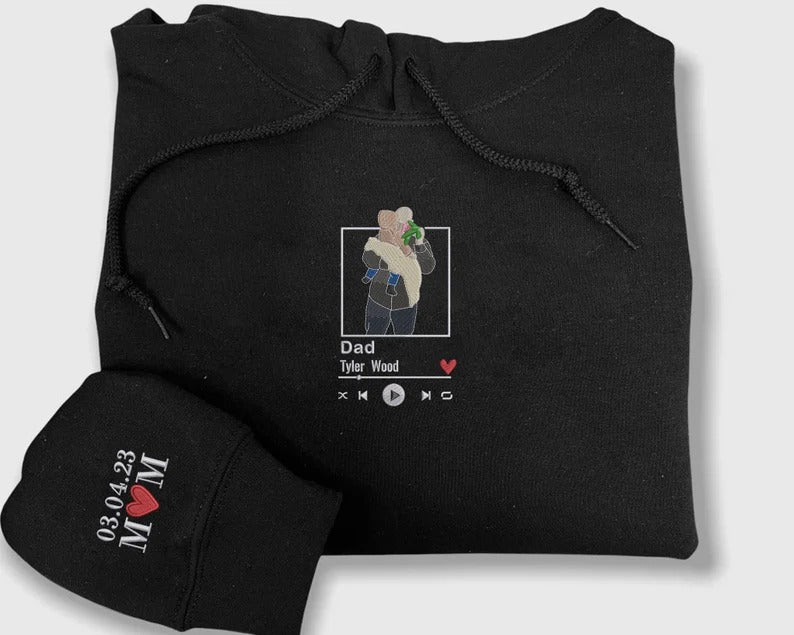 Personalised Portrait Photo Dad Hoodie, Embroidered Sketch from Picture Hooded Sweater, Album Cover Custom Sketch Jumper, Father's Day Gifts