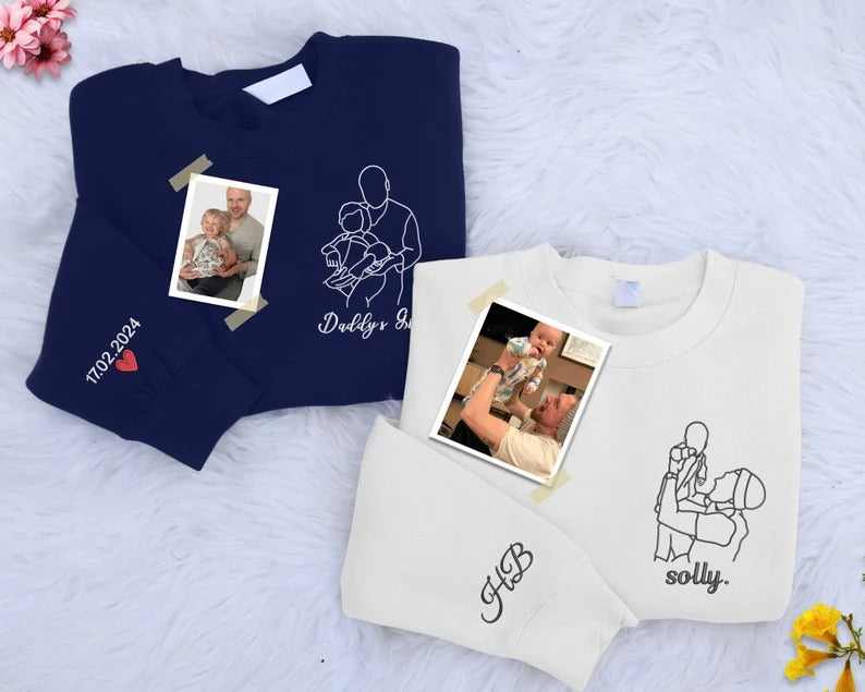 Custom Portrait from Photo Dad Sweatshirt, Embroidered Family Sketch Sweaters, Memorable Father's Day Gift, Special Matching Jumper for Dad