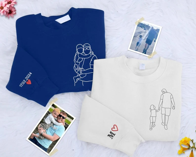Custom Portrait from Photo Dad Sweatshirt, Embroidered Family Sketch Sweaters, Memorable Father's Day Gift, Special Matching Jumper for Dad