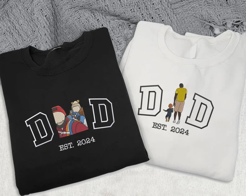 Personalised Photo Sweatshirt for Dad, Embroidered Sketch from Picture Jumper, Custom Dad Est Year Sweater, Family Matching Fathers Day Tops