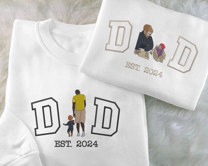 Personalised Photo Sweatshirt for Dad, Embroidered Sketch from Picture Jumper, Custom Dad Est Year Sweater, Family Matching Fathers Day Tops