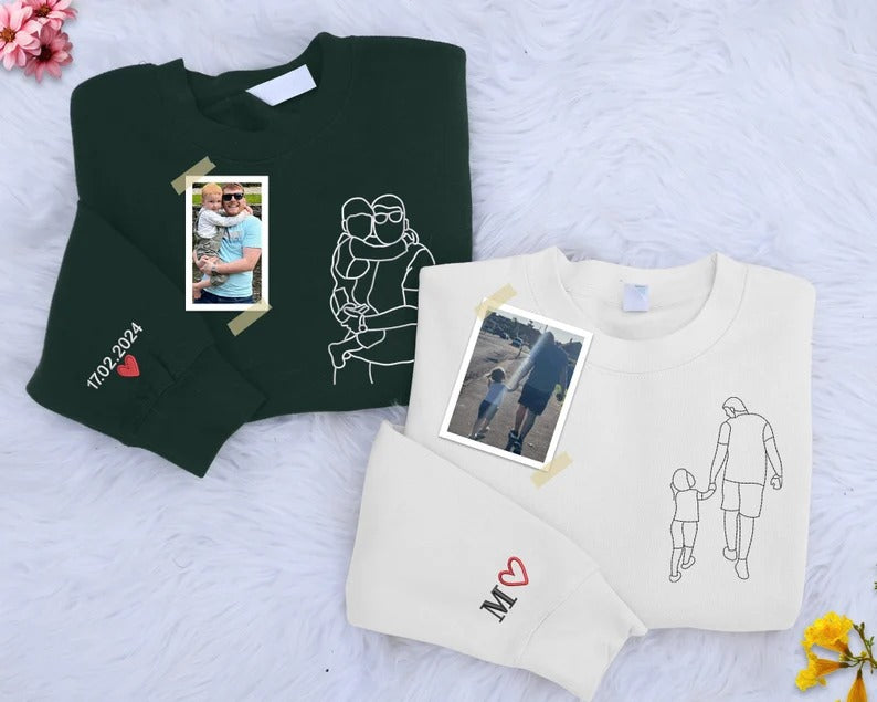Custom Portrait from Photo Dad Sweatshirt, Embroidered Family Sketch Sweaters, Memorable Father's Day Gift, Special Matching Jumper for Dad