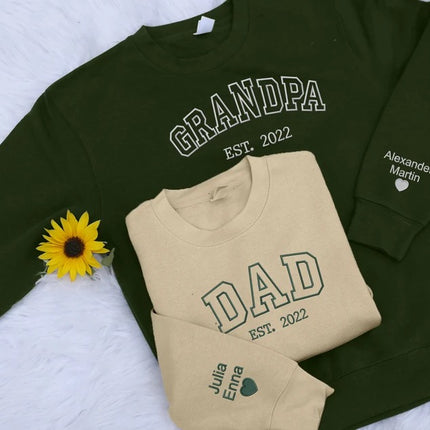 Embroidered Grandpa Sweatshirt, Personalized KIds Name on Sleeves Dad Sweater