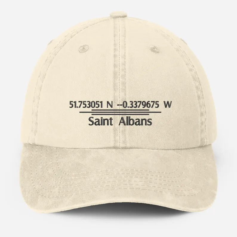 Personalised Embroidered Baseball Cap, Custom City Name With Location Coordinates Hat, Cotton Vintage Style Hats for Men, Fathers Day Gifts