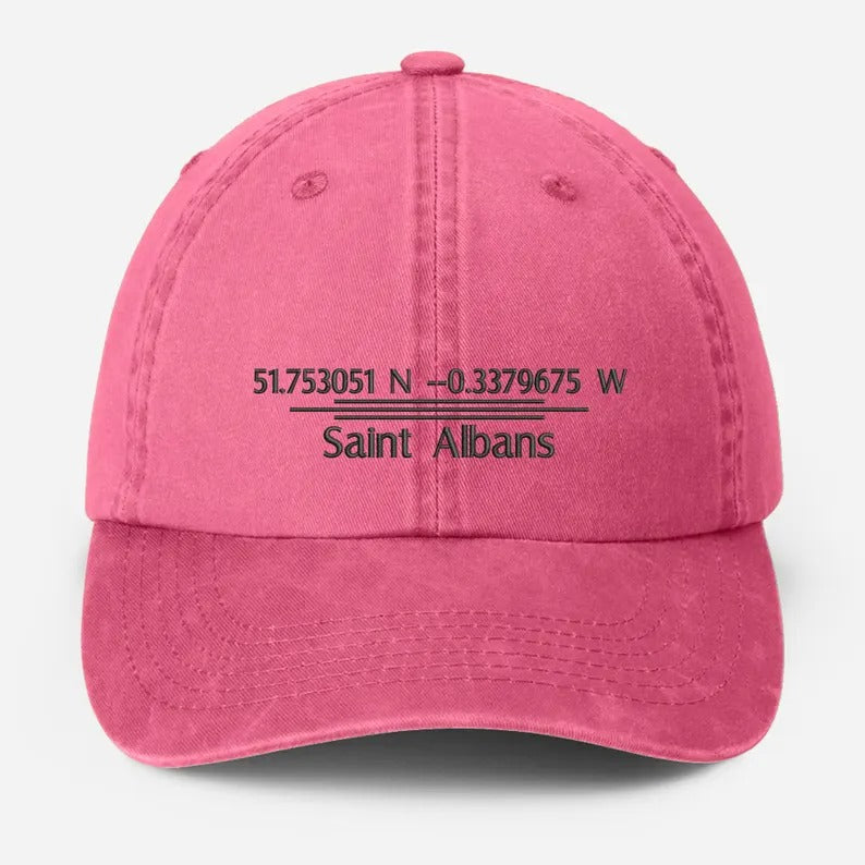 Personalised Embroidered Baseball Cap, Custom City Name With Location Coordinates Hat, Cotton Vintage Style Hats for Men, Fathers Day Gifts