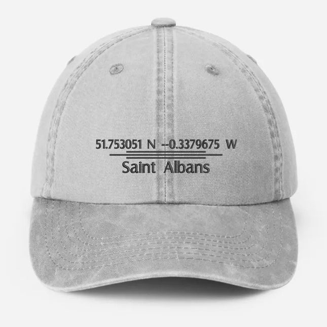 Personalised Embroidered Baseball Cap, Custom City Name With Location Coordinates Hat