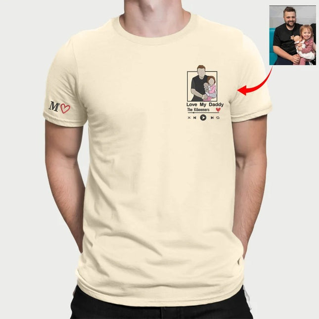 Embroidered Dad Portrait Photo T Shirt, Personalised Sketch Shirt with Song Album