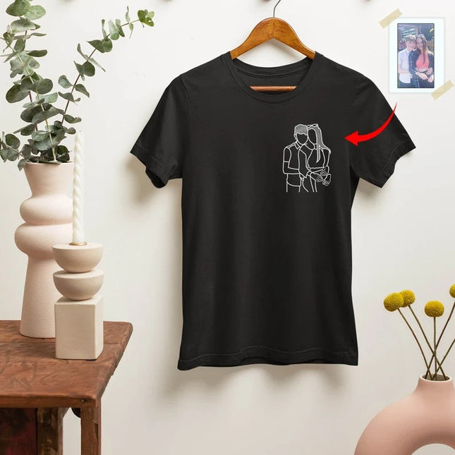 Embroidered Portrait Photo Tshirt for Dad, Custom Outline Sketch Family Matching Tees