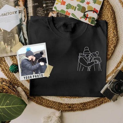 Embroidered Portrait Photo Tshirt for Dad, Custom Outline Sketch Family Matching Tees