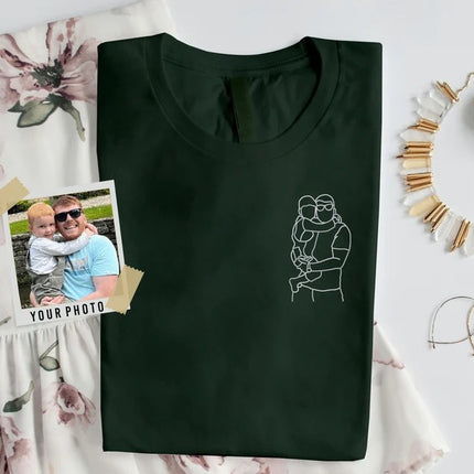 Embroidered Portrait Photo Tshirt for Dad, Custom Outline Sketch Family Matching Tees
