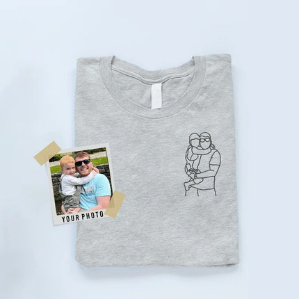 Embroidered Portrait Photo Tshirt for Dad, Custom Outline Sketch Family Matching Tees