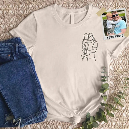 Embroidered Portrait Photo Tshirt for Dad, Custom Outline Sketch Family Matching Tees