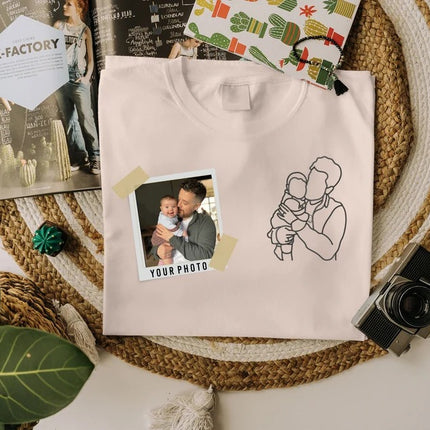 Embroidered Portrait Photo Tshirt for Dad, Custom Outline Sketch Family Matching Tees