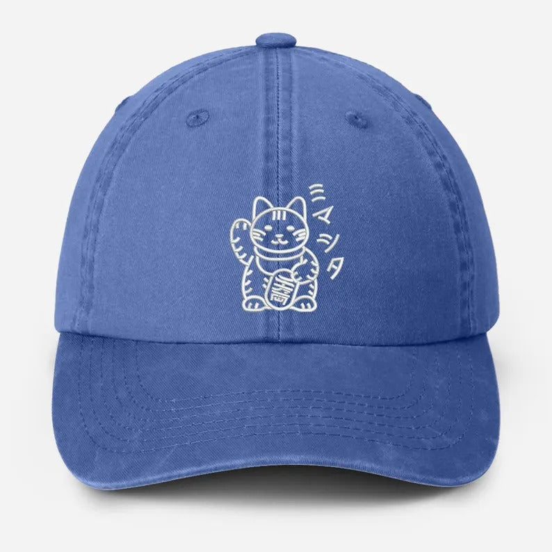 Retro Japanese Cat Baseball Hat, Aesthetic Cat Lover Anime Hat, Japanese Cat Embroidered Vintage Hat, Animal Lover Gifts, Fathers Day Gifts
