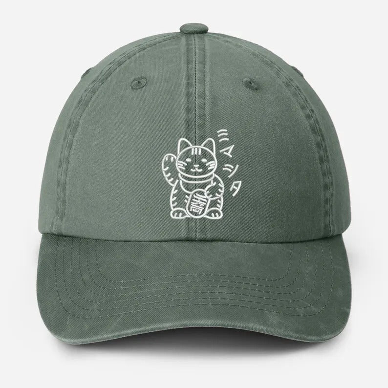 Retro Japanese Cat Baseball Hat, Aesthetic Cat Lover Anime Hat, Japanese Cat Embroidered Vintage Hat, Animal Lover Gifts, Fathers Day Gifts